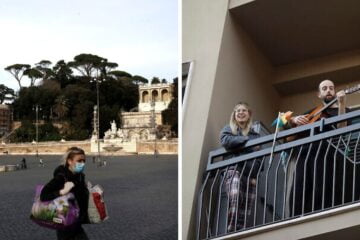Woman walking in Italy wearing a face mask/Two people on a balcony with a guitar