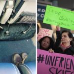 a dirty floor on a united airlines plane, protestors line up with signs to boycott united airlines
