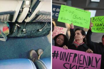a dirty floor on a united airlines plane, protestors line up with signs to boycott united airlines