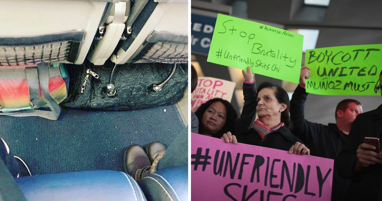 chão sujo em um avião da United Airlines, manifestantes fazem fila com cartazes para boicotar a United Airlines