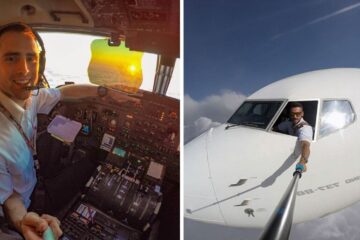 a pilot takes a selfie in the cockpit of a plane, a pilot takes a selfie out of a plane window