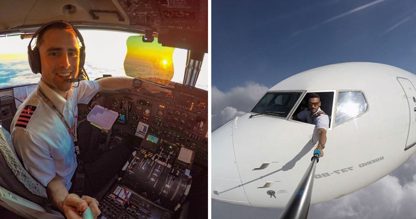 um piloto tira uma selfie na cabine de um avião, um piloto tira uma selfie da janela de um avião