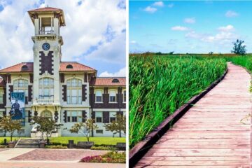 city hall in lake charles, walkway through sabine national wildlife refuge