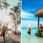a couple hugs on the beach at club med, a couple swims in the ocean at a sandals resort