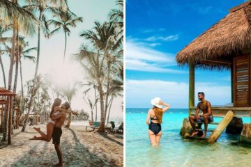 a couple hugs on the beach at club med, a couple swims in the ocean at a sandals resort