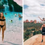 a girl enjoys a tropical vacation on a beautiful island, a couple takes a hiking trip through the desert