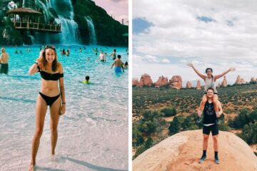 a girl enjoys a tropical vacation on a beautiful island, a couple takes a hiking trip through the desert