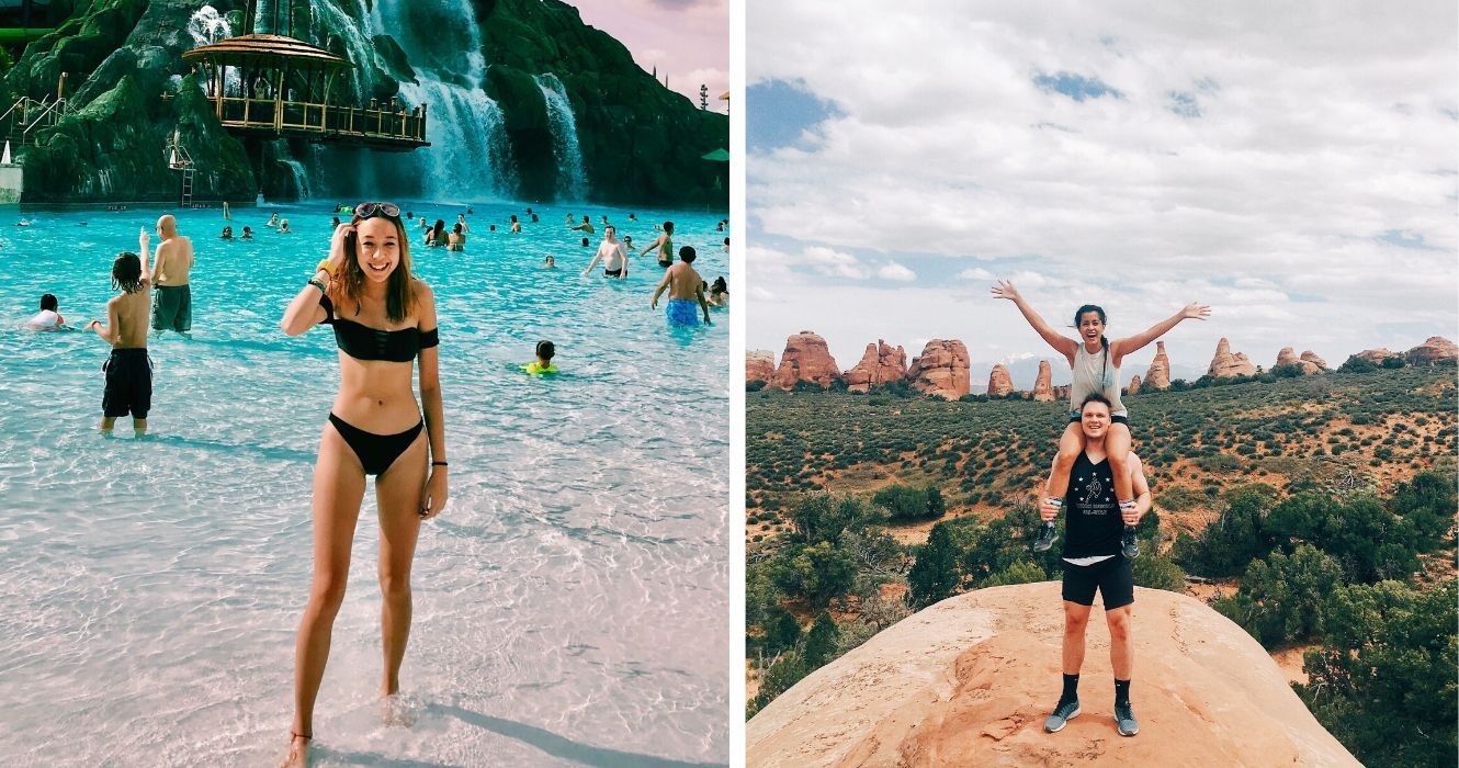 Dicas que todo viajante frugal achará úteis 1 uma garota aproveita férias tropicais em uma bela ilha, um casal faz uma caminhada pelo deserto