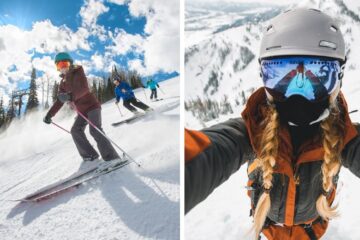 a skier goes down the slopes in colorado, a skier takes a selfie at the mountain summit
