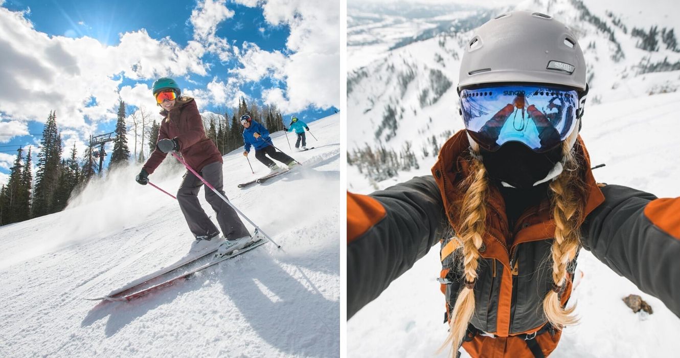 um esquiador desce as encostas no colorado, um esquiador tira uma selfie no cume da montanha