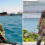 a modern day pirate sails out to a ship, a statue of jack sparrow