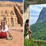 a girl takes a photo in front of a pyramid in egypt, a girl takes a photo in rio de jeneiro, brazil