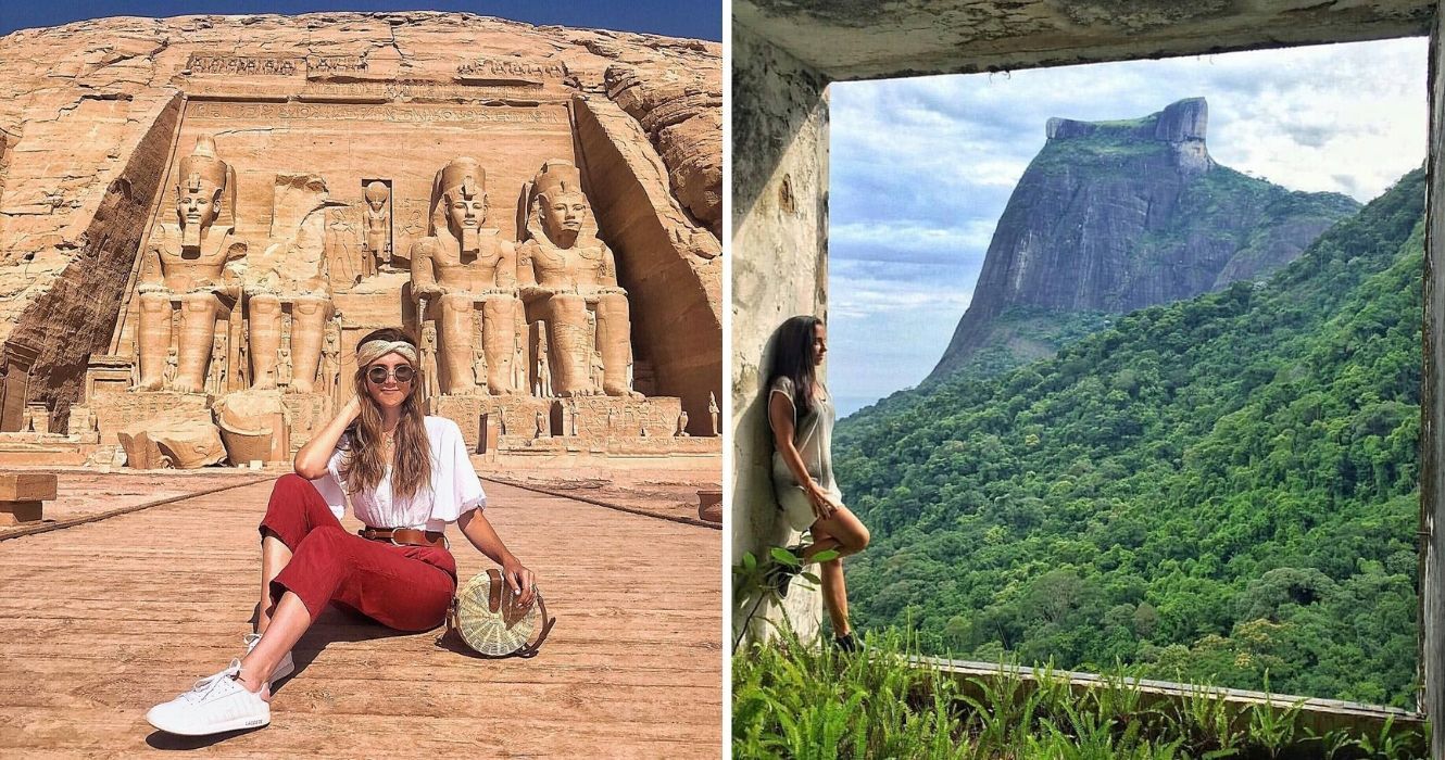 O USD levará os turistas americanos mais longe nesses destinos de viagem 1 uma menina tira uma foto em frente a uma pirâmide no egito, uma menina tira uma foto no rio de jeneiro, brasil