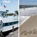 the fire island ferry, 'fire island' written in the sand on the beach