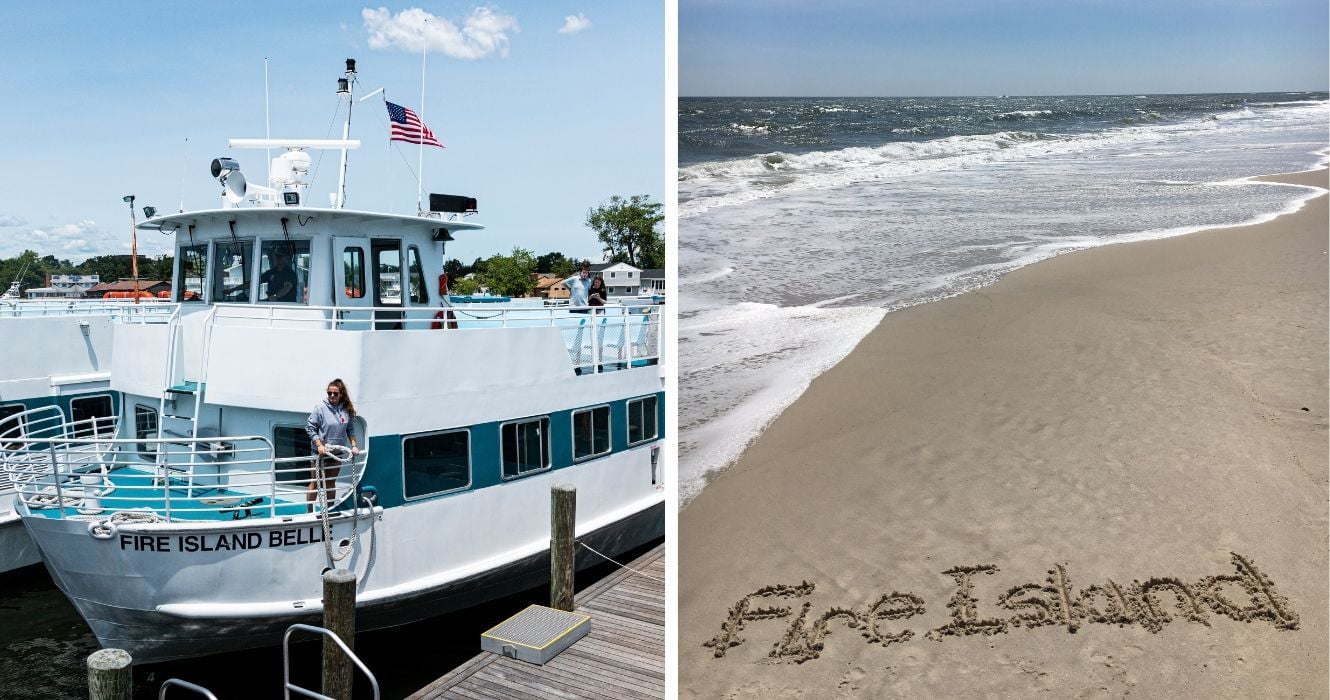 O guia definitivo para iniciantes para navegar em todas as cidades que podem ser percorridas em Fire Island, Nova York 1 a balsa da ilha do fogo, 'ilha do fogo' escrita na areia da praia