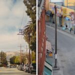 a street lined with palm trees in hollywood, skid row in los angeles