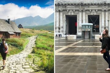 a girl backpacks through the european countryside, a girl goes backpacking through a european city