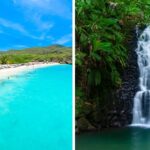 the beach in curacao, a waterfall in guadeloupe