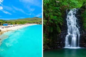 the beach in curacao, a waterfall in guadeloupe