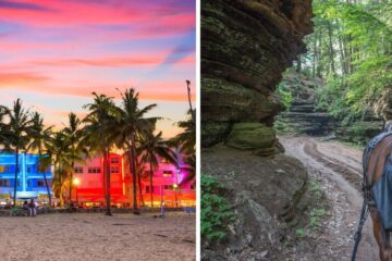 the miami beach at sunset, a horse tour through wisconsin dells canyon
