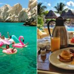 A group of girlfriends relaxing on floaties in the ocean/ breakfast by the pool at a resort in Mexico