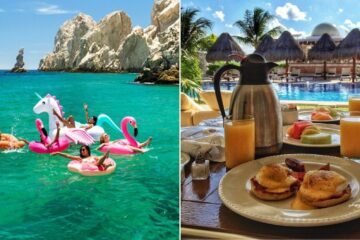 A group of girlfriends relaxing on floaties in the ocean/ breakfast by the pool at a resort in Mexico