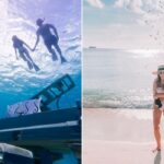Snorkelers look down at underwater piano and statues in Musha Cay/ girl on Caribbean beach with bottle of bubbly