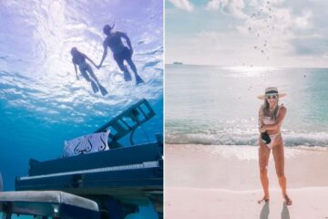 Snorkelers look down at underwater piano and statues in Musha Cay/ girl on Caribbean beach with bottle of bubbly