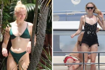 Sophie Turner wearing a green bikini/Sophie Turner on a yacht in a belted bathing suit with Joe Jonas