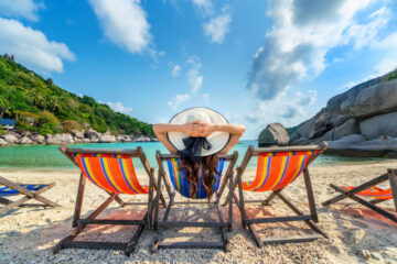 woman with hat sitting chairs beach beautiful tropical beach woman relaxing tropical beach koh nangyuan island