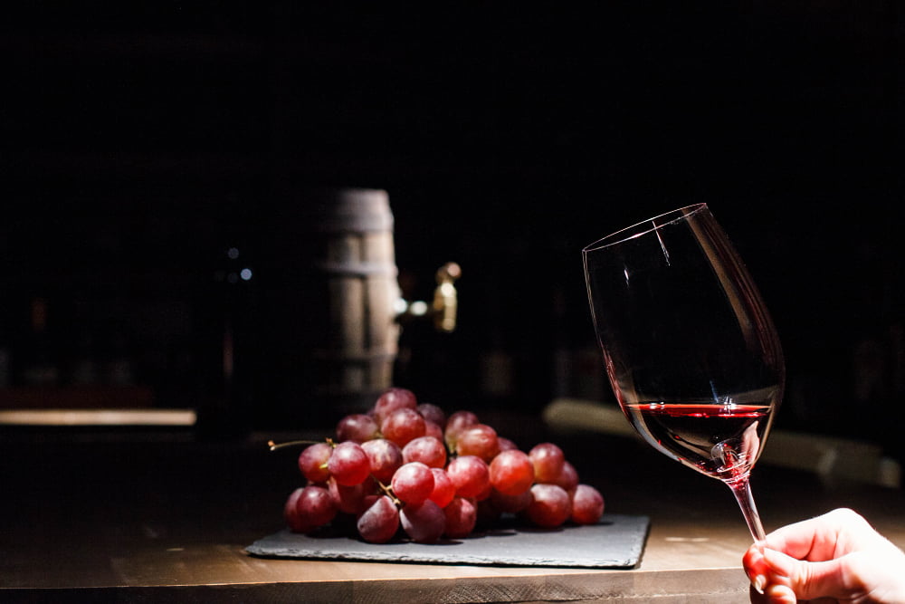 10 Melhores Países para Visitar Vinícolas: Uma Jornada pelo Mundo do Vinho 3 woman holds glass wine before bunch grape lying black plate